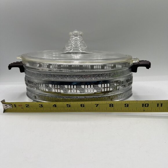 Pyrex 1.5qt Vintage Oval Glass Casserole Dish Etched Silver Plated Footed Holder - Picture 8 of 16